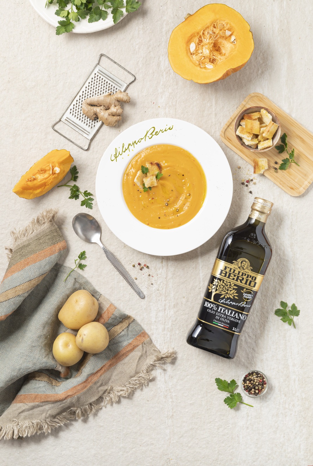 Filippo Berio 100% Italian: the ideal Extra Virgin Olive Oil for adding substance to all of your dishes, including winter recipes like pumpkin and ginger soup.